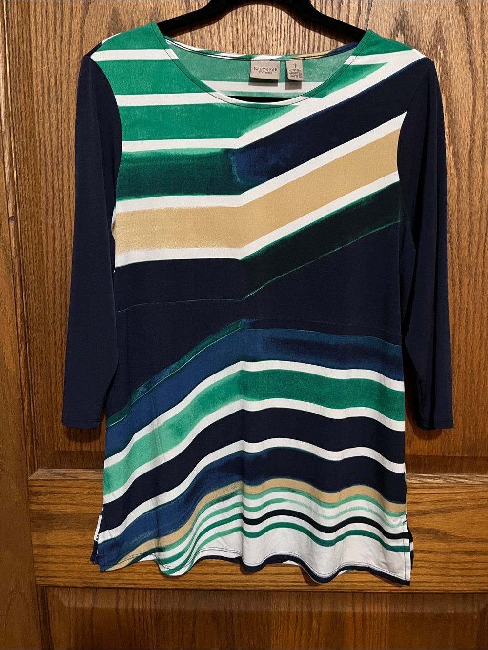 Chico's Navy, Green, White & Gold Striped Boatneck Tunic Top